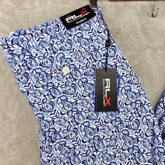 RLX Ralph Lauren Golf Chino Pants Mens 34x32 Blue Fish Print Tailored Fit - Picture 2 of 11